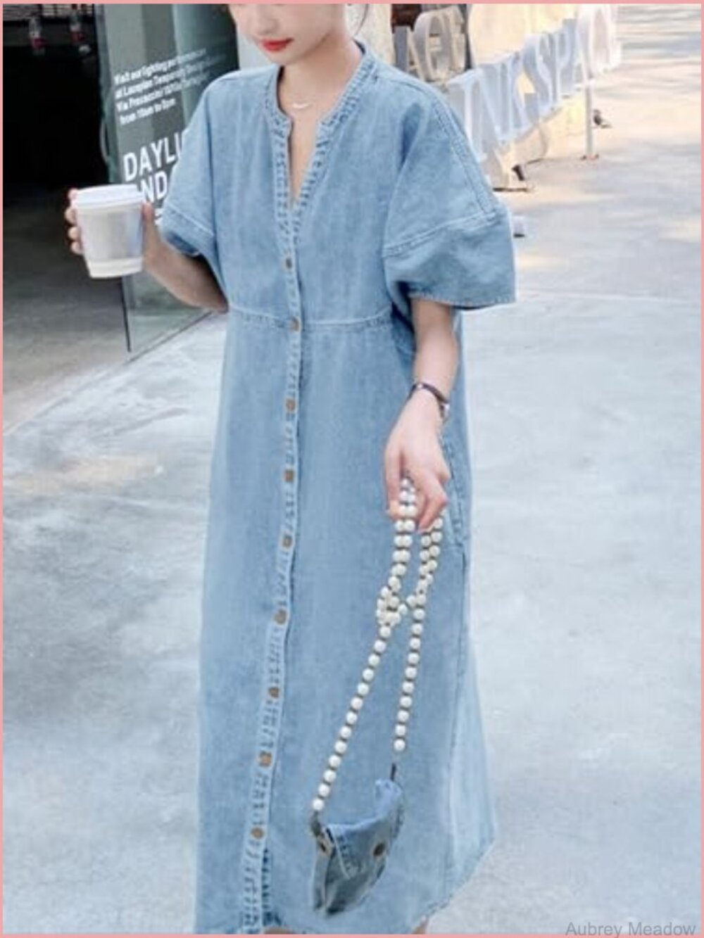 V Neck Short Sleeve Denim Midi Dress Loose Fit Summer Casual - Picture 2 of 4